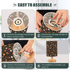 Autumn Mushrooms Flowers Birds Bedside Table Lamp Small Desk Lamps Linen Fabric Shade Decorative Nightstand Lamp LED with USB Port Wood Base for Bedroom Living Room