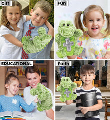DolliBu Alligator Hand Puppet Stuffed Animal with Silver Cross and Personalization - Baptism Gifts for Boys and Girls, Dedication Christening Gifts Plush Prayer Toy Healing Teddy Bear - 9 Inches