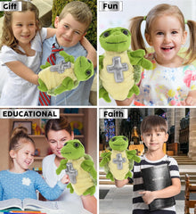 DolliBu Sea Turtle Hand Puppet Stuffed Animal with Silver Cross and Personalization - Baptism Gifts for Boys and Girls, Dedication Christening Gifts Plush Prayer Toy Healing Teddy Bear - 10 Inch