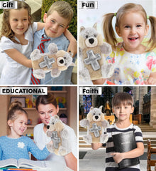 DolliBu Wolf Hand Puppet Stuffed Animal with Silver Cross and Personalization - Religious Baptism Gifts for Boys and Girls, Dedication Christening Gifts Plush Prayer Toy Healing Teddy Bear - 9.5 Inch