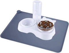 Gravity Water and Food Bowls for Cat and Small Dogs, 15° Tilted Raised Cat Slow Feeder and Automatic Water Feeder Dispenser and Large Food Bowl Mat, Pet Elevated Slow Feed Bowls Set