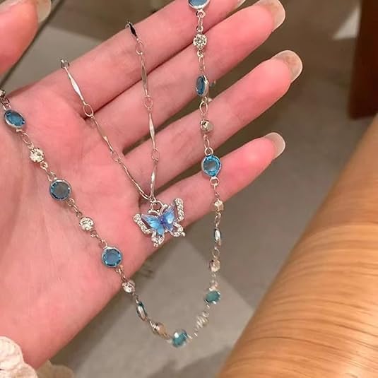 Blue Butterfly Pendant Necklace - Delicate Layering Jewelry