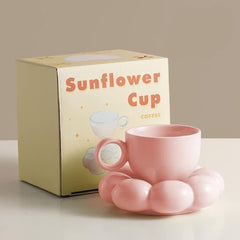 Flower Coffee Cup & Saucer Set Cute Mug & Saucer Set Ceramic Coffee Cup with Sunflower Saucer Latte Cups 6.7Oz Silver