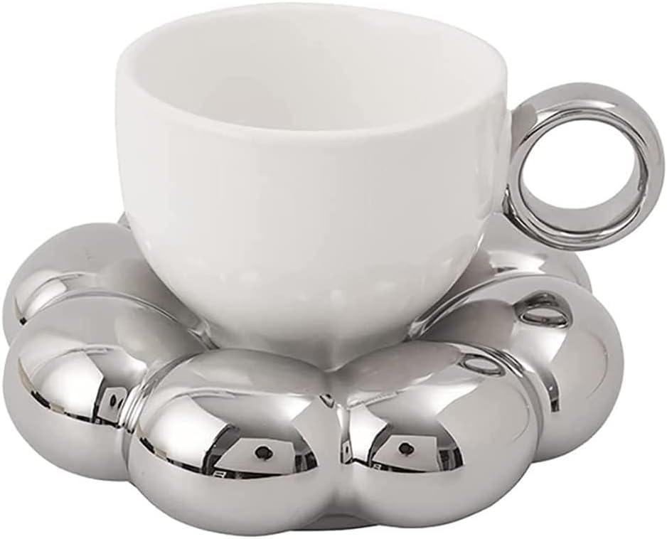 Flower Coffee Cup & Saucer Set Cute Mug & Saucer Set Ceramic Coffee Cup with Sunflower Saucer Latte Cups 6.7Oz Silver