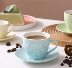 WAIT FLY Retro Embossed Ceramic Coffee Mug Set with Saucer, Tea Cup, Breakfast cup, Dessert Plate-Orange-3 OZ