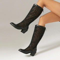 Women's Block Heel Knee High Boots Mesh Lace Goth Chunky Low Heel Gladiator Booties Round Toe Zipper Dress Boots