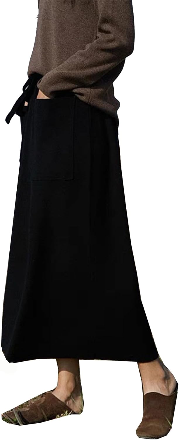 Women's Maxi Wool Skirt with Pockets Elastic High Waist Drawstrings Autumn Winter Pleated Midi Skirt