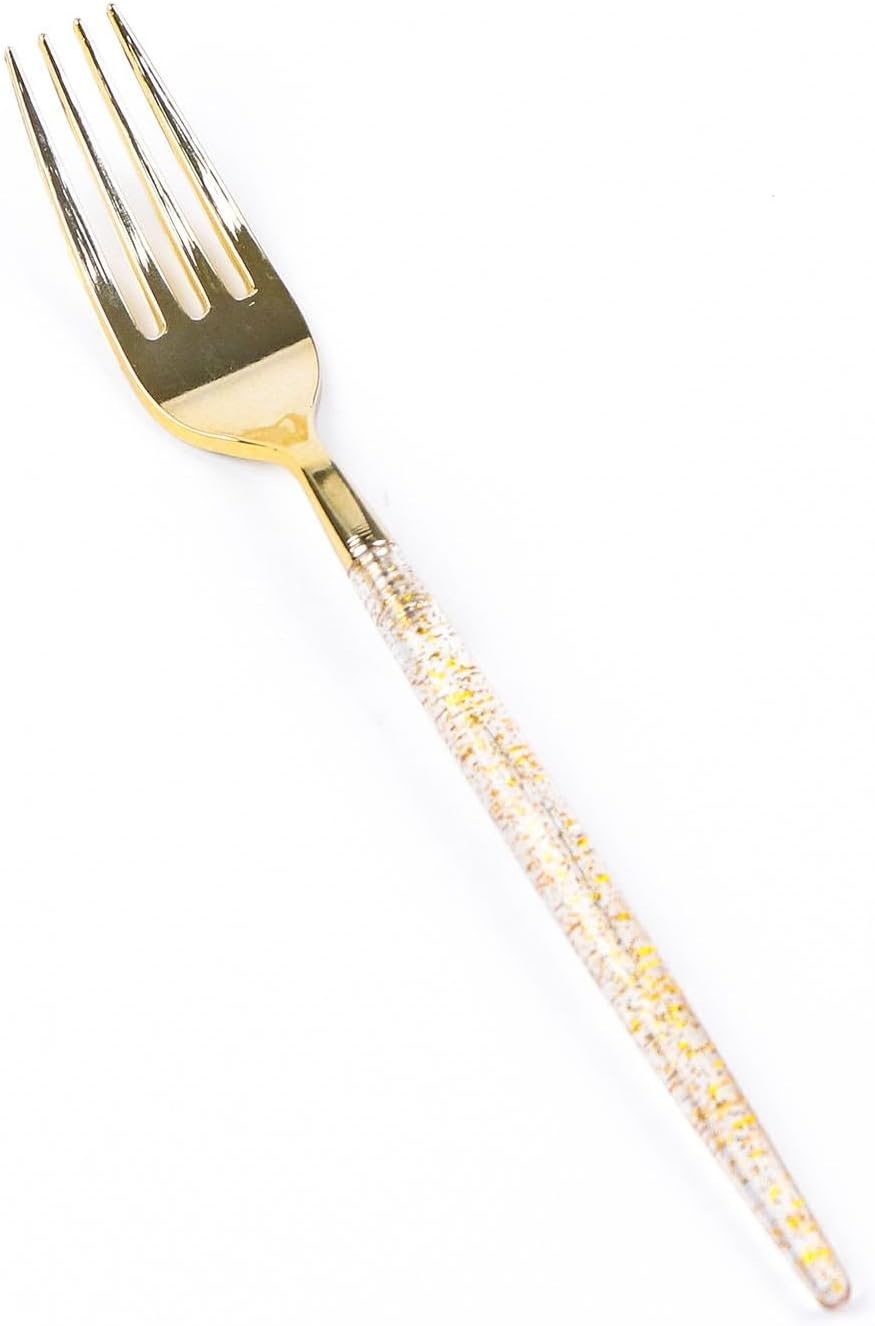 24 Clear 8.5-inch Disposable Plastic Forks Gold Glittered Handle Wedding Party Reception Catering Decorations Supplies