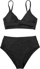 CUPSHE Women's Bikini Sets Two Piece Swimsuit High Waisted V Neck Twist Front Adjustable Spaghetti Straps Bathing Suit