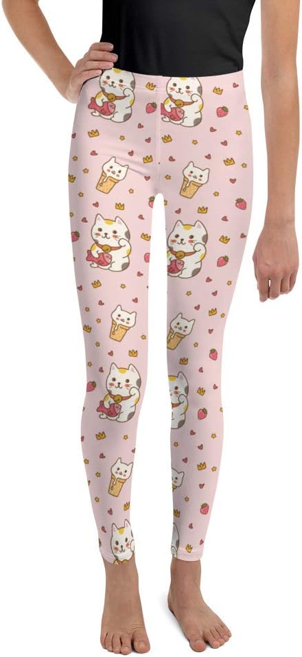 Cute Cat Pink Kids Girls Leggings (8-20), Kawaii Pastel Hearts Ice Cream Printed Yoga Pants Print Graphic Gift for Daughter