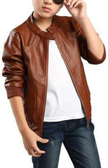 Boys Girls Stand Collar Leather Jackets Outerwear Kids Zipper Motorcycle PU Leather Coats Aged 3-12