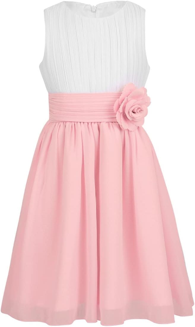 Hansber Kids Girls Sleeveless Pleated Chiffon Dress Layered Rear-Zipper Princess Dress with Flower Brooch