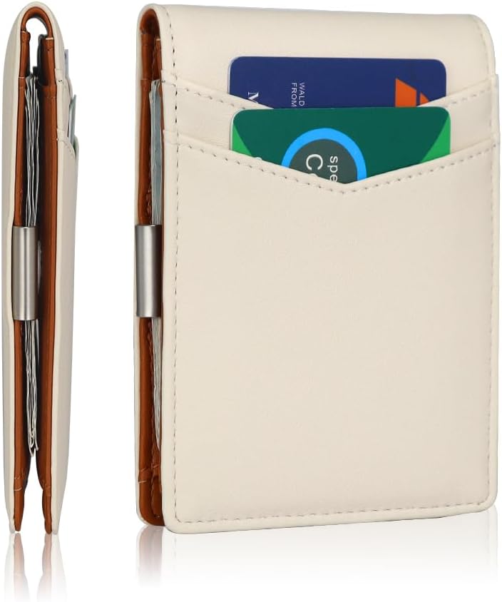 Minimalist Wallet for Men and Women - RFID Blocking Genuine Leather Slim Wallet with 12 Credit Card Slots, Money clip (Beige & Brown)