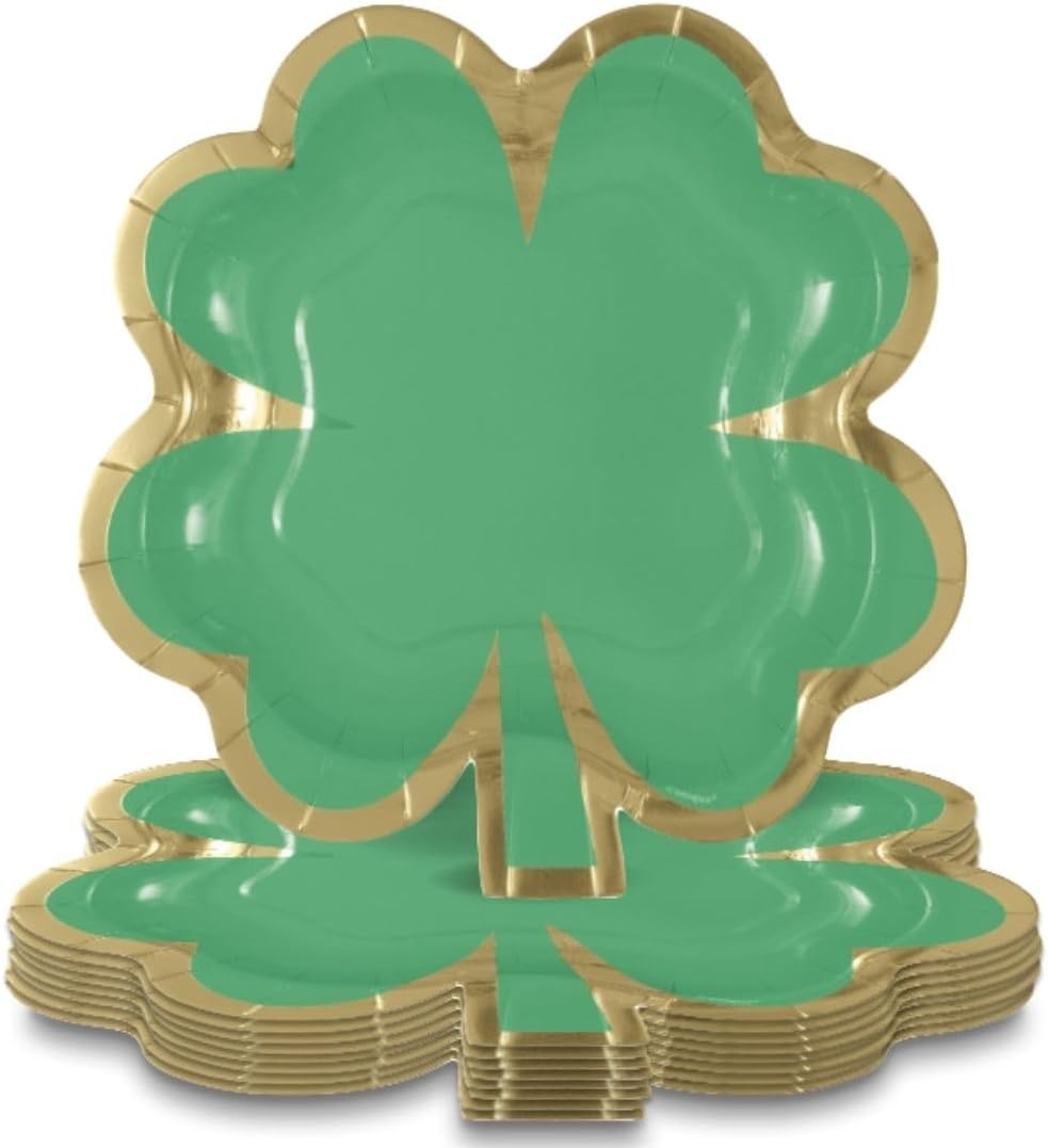 Unique Charming Green and Gold Shamrock-Shaped Foil Stamping Paper Dessert Plates - 8.25" (Pack of 8) - Festive Design, Perfect for St. Patrick's Day and Spring Celebrations