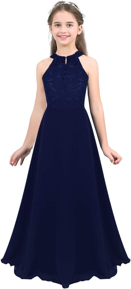 Kids Girls Chiffon Sleeveless Floral Lace Cutout Back Flower Girl Dress Princess Pageant Party Long Dress