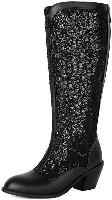 Women's Block Heel Knee High Boots Mesh Lace Goth Chunky Low Heel Gladiator Booties Round Toe Zipper Dress Boots