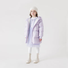marc & janie Girls Long Sleeve Mid-Length Hooded Down Jacket Solid Button Outerwear Ultralight Warm Tops 231186