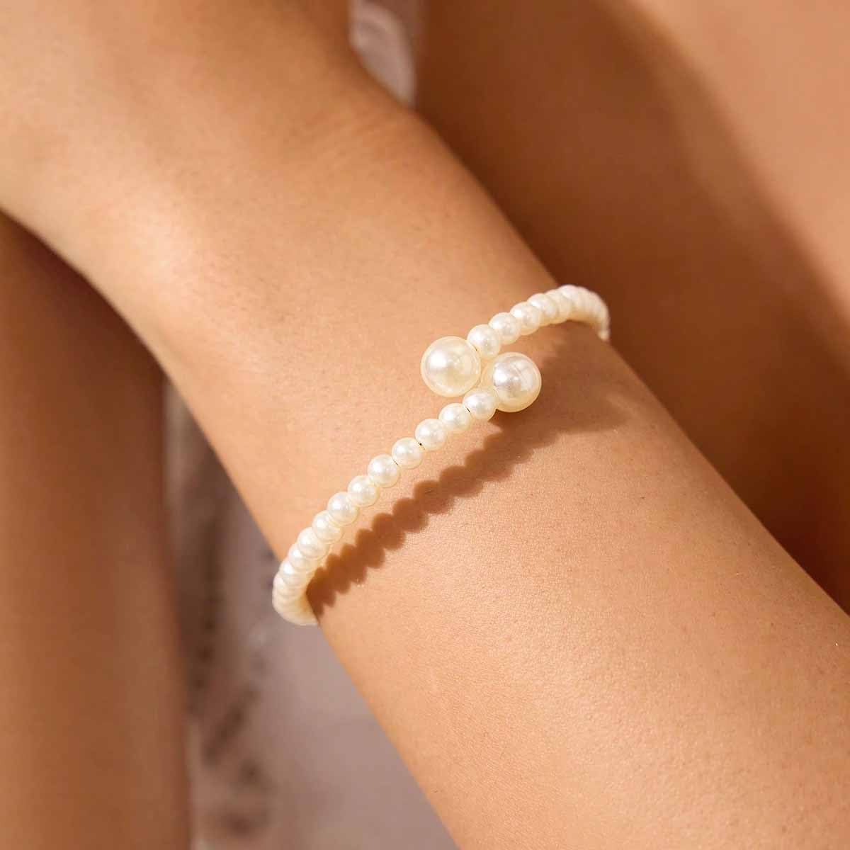 Adjustable Faux Pearl Bracelet French Style Gentle Women Cuff Bracelets 6CM