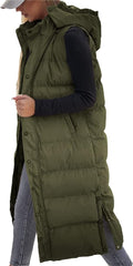Grlasen Women's long Quilted Vest hooded sleeveless Button Down puff vest cotton padded jacket winter coat