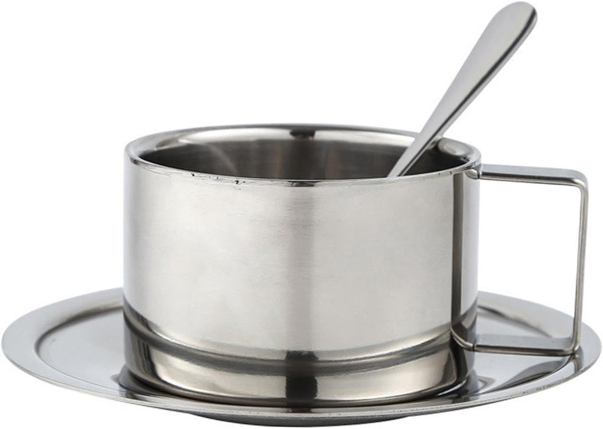 Generic Sleek Stainless Steel Coffee Cup And Saucer Set for Home And Office Use, 200ML Set, Optional