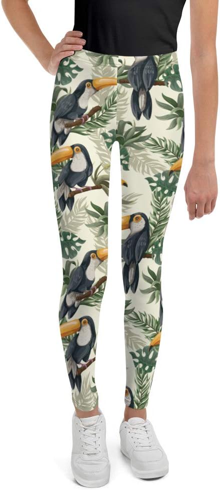 Tropical Toucan Girls Leggings (8-20), Green Bird Youth Teen Cute Printed Kids Yoga Tween Pants Graphic Fun Tights