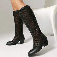 Women's Block Heel Knee High Boots Mesh Lace Goth Chunky Low Heel Gladiator Booties Round Toe Zipper Dress Boots