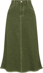 Belle Poque Vintage Denim Skirts for Women Elastic High Waist Frayed Raw Hem A-Line Maxi Long Jean Skirts with Pockets
