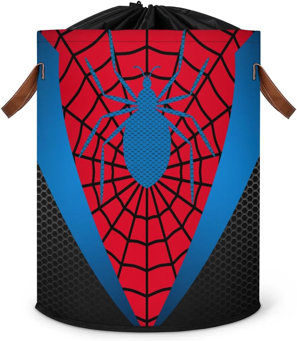 Large Laundry Hamper Basket with Lid, Round Collapsible Storage Organizer Bin for Kids Room, Boys, Nursery, Closet, Bedroom, Playroom, Toys, Dirty Clothes, 16"W x 20"H Blue and Red Spider Web