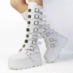 2025 Women's Platform Knee High Goth Boots Chunky High Heel Round-Toe Buckle Boots Lace Up Wedge Heel Studded Goth Knee High Shoes
