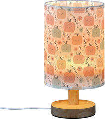 Cartoon Flower Pumpkins Bedside Table Lamp Small Desk Lamps Linen Fabric Shade Decorative Nightstand Lamp LED with USB Port Wood Base for Bedroom Living Room