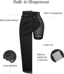 Popilush Midi Skirts for Women Lace Shapewear Split Satin High Waisted Bodycon Long Skirt Built-in Tummy Control