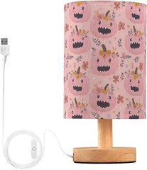 Cute Pink Floral Pumpkin Bedside Table Lamp Small Desk Lamps Linen Fabric Shade Decorative Nightstand Lamp LED with USB Port Wood Base for Bedroom Living Room