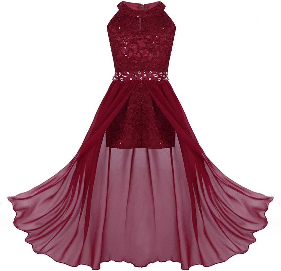 YEAHDOR Girls Floral Lace Shiny Dancewear Formal Dresses Maxi Romper Wedding Birthday Party Gown Dress