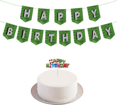 Happy Birthday Banner & Cake Topper, Miner Theme Birthday Decorations Signs TNT Bunting Garland & Centerpiece for Kids Boys Cupcake Photo Prop Backdrop Game Themed Party Supplies