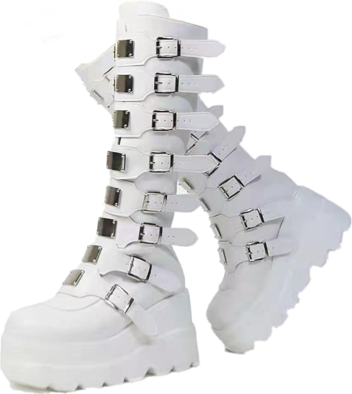 2025 Women's Platform Knee High Goth Boots Chunky High Heel Round-Toe Buckle Boots Lace Up Wedge Heel Studded Goth Knee High Shoes