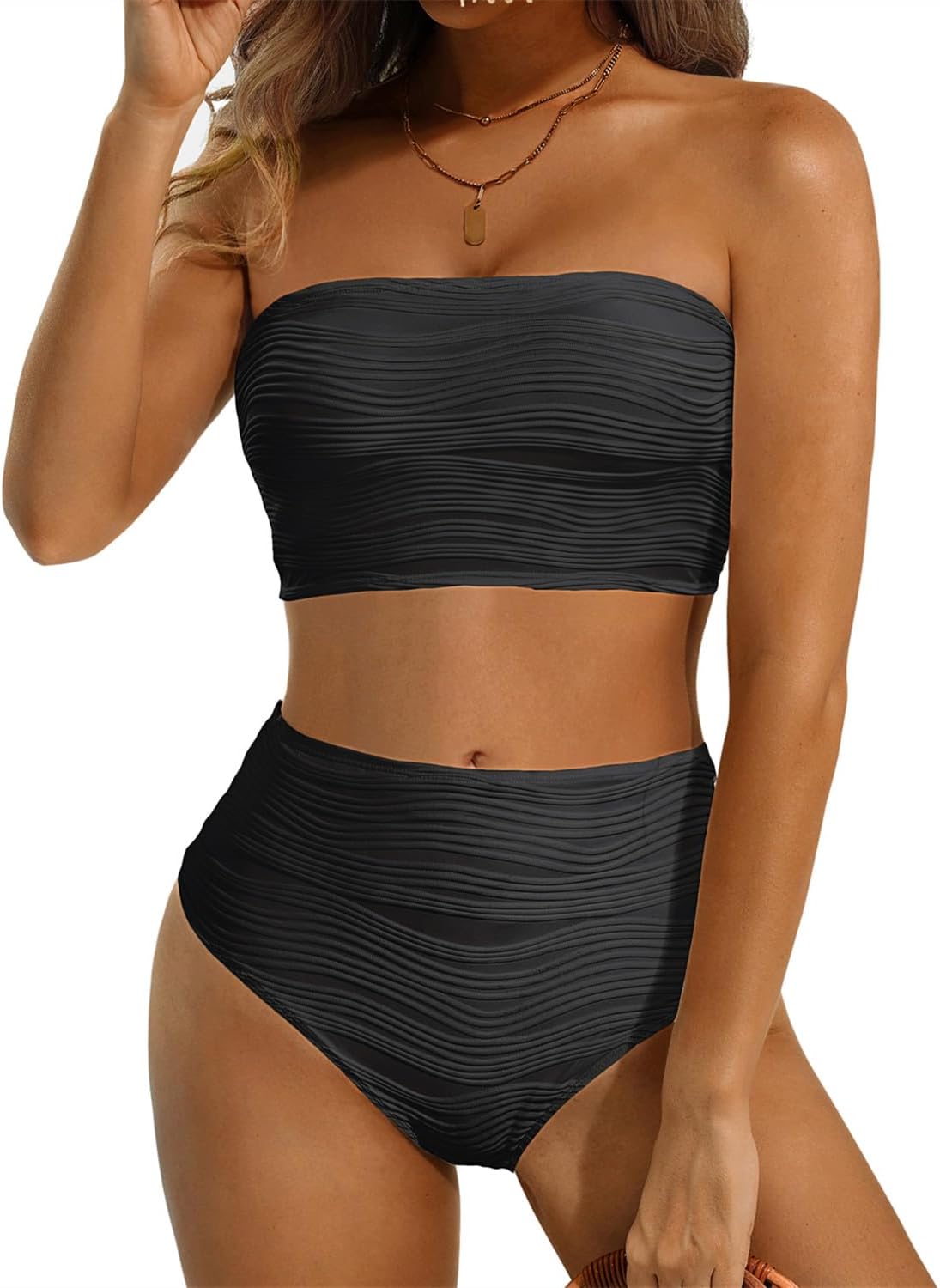 High Waisted Bandeau Bikini Set - Women Strapless Two Piece Swimsuits Ribbed Longline Full Coverage Bathing Suits Swimwear