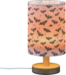 Pink Bat Silhouettes Bedside Table Lamp Small Desk Lamps Linen Fabric Shade Decorative Nightstand Lamp LED with USB Port Wood Base for Bedroom Living Room