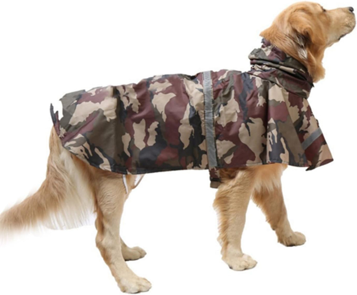 Large Medium Dog Camouflage Raincoat Waterproof Reflective Dog Slicker Lightweight Hooded Poncho Rain Coat Jacket with Adjustable Belly Strap and Leash Hole