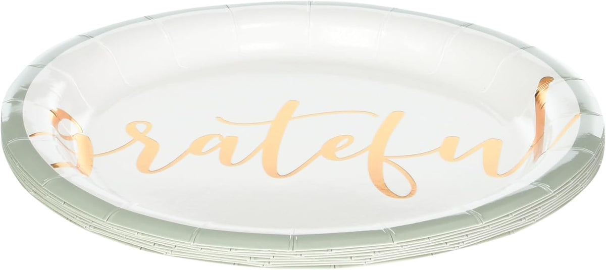 Unique Industries Pastel Thanksgiving Grateful Foil Stamping Round Dessert Paper Plates - 7" (8 Ct) | Elegant & Disposable Paper Plates - Ideal for Holiday Celebrations & Gatherings, Gray, White, Gold