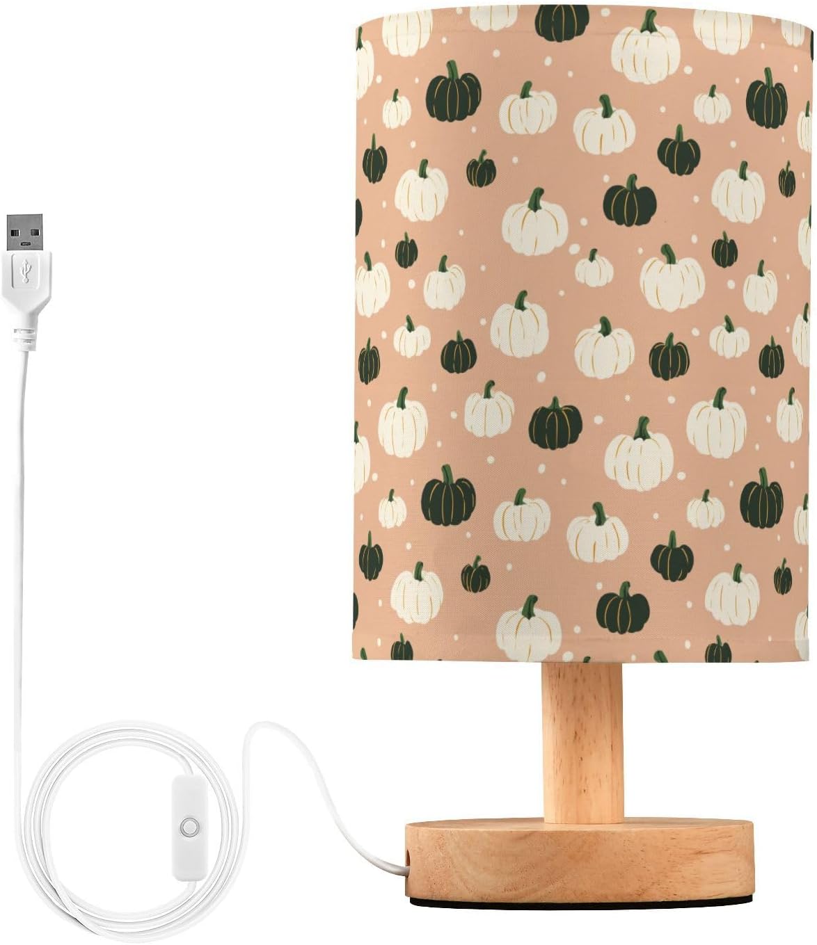 Cute Pumpkin Vegetables Bedside Table Lamp Small Desk Lamps Linen Fabric Shade Decorative Nightstand Lamp LED with USB Port Wood Base for Bedroom Living Room