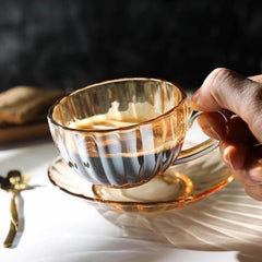 Sizikato Clear Glass Cup & Saucer Set, 6 Oz Scented Tea Cup Coffee Mug, Pumpkin Stripes