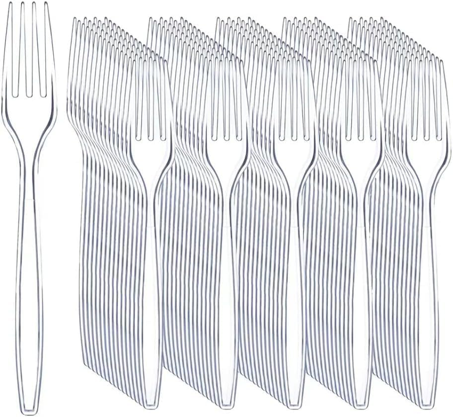 100 Count Extra Heavy Duty Disposable Clear Plastic Forks,BPA-Free,Heat Resistant,Premium Durable Plastic Cutlery for Parties, Picnics, Big Event, Daily Use