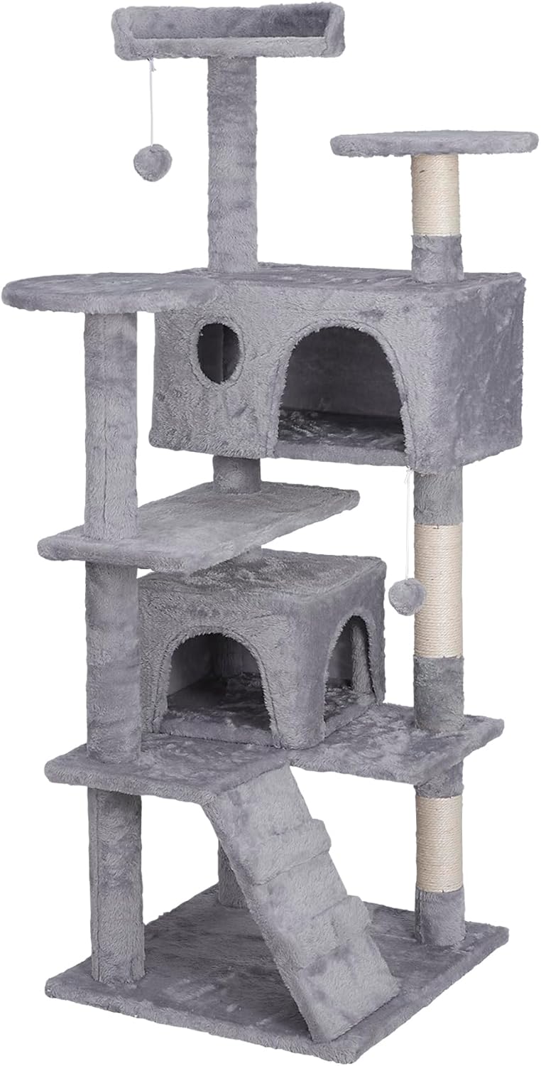 54-inch Cat Tree with Sisal-Covered Scratching Posts, Sturdy Standing Cat Tower for Indoor Kittens, Multi-Level Platforms, Perches, Condo and Hanging Ball for Cats to Play and Sleep