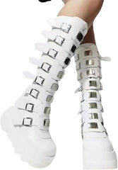 2025 Women's Platform Knee High Goth Boots Chunky High Heel Round-Toe Buckle Boots Lace Up Wedge Heel Studded Goth Knee High Shoes