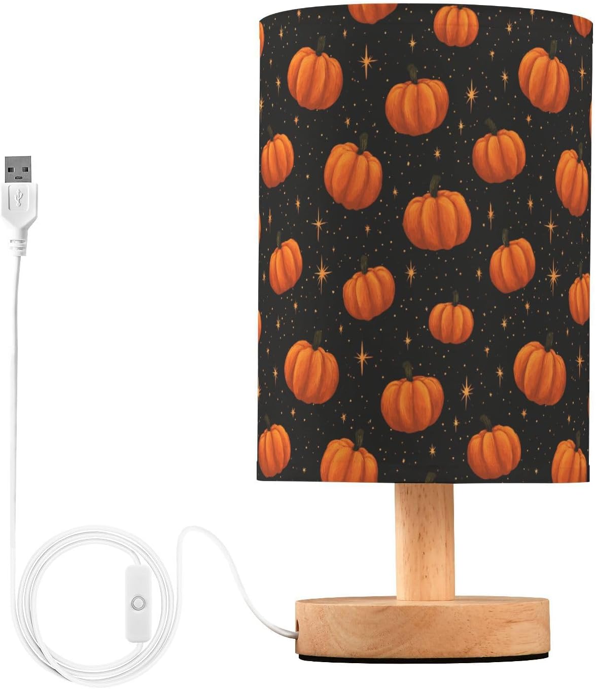 Glow Pumpkins Stars Bedside Table Lamp Small Desk Lamps Linen Fabric Shade Decorative Nightstand Lamp LED with USB Port Wood Base for Bedroom Living Room