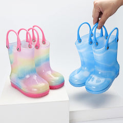 Kids Tie Dye Waterproo𝐟 Rain Boot with Pull on Handles Toddler Bow Rain Boots Rubber Boots Boys Cute Water Shoes