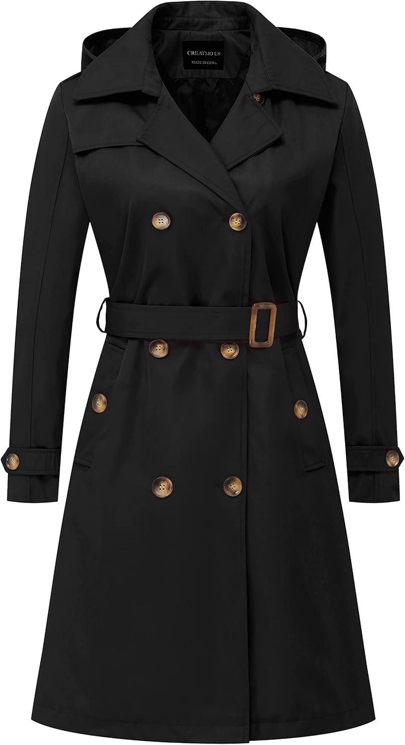 CREATMO US Women's Long Trench Coat Double-Breasted Classic Lapel Overcoat Belted Slim Outerwear Coat with Detachable Hood