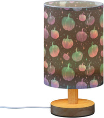 Glowing Neon Pumpkin Bedside Table Lamp Small Desk Lamps Linen Fabric Shade Decorative Nightstand Lamp LED with USB Port Wood Base for Bedroom Living Room