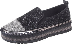 SACFOF Women Rhinestone Platform Loafers Glitter Fashion Slip-On Sparkle Sequin Sneakers Casual Flat Bling Loafers