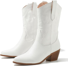 Women's Cowboy Mid Calf Western Boots Embroidered Pointed Toe Chunky Block Heel Pull on Block Heels Pattern Western Cowboy Boots